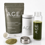 A.G.E. Elements 20+ Pouch mit Dose, Glasflasche mit grünem Drink, Messlöffel und Pulver