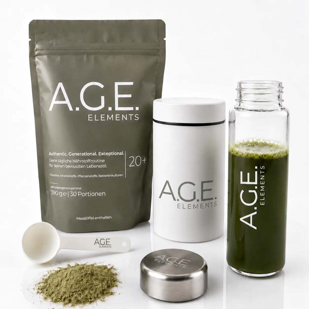 A.G.E. Elements 20+ Pouch mit Dose, Glasflasche mit grünem Drink, Messlöffel und Pulver