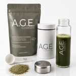 A.G.E. Elements 40+ Pouch mit Dose, Glasflasche mit grünem Drink, Messlöffel und Pulver