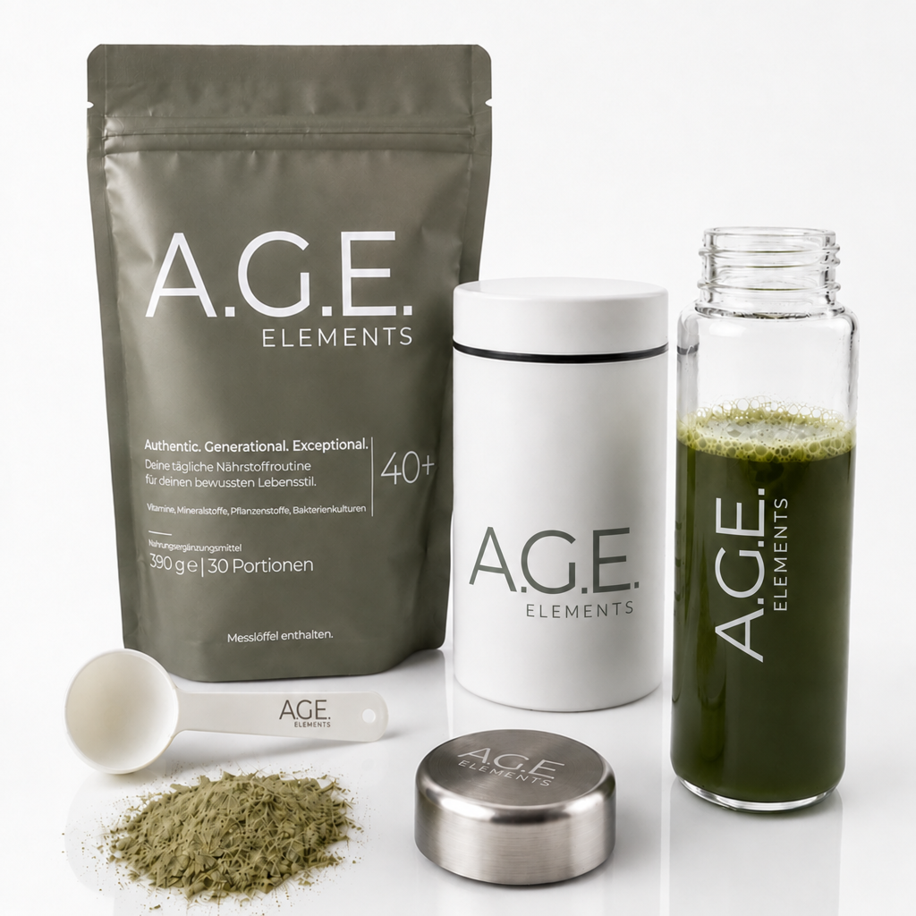 A.G.E. Elements 40+ Pouch mit Dose, Glasflasche mit grünem Drink, Messlöffel und Pulver