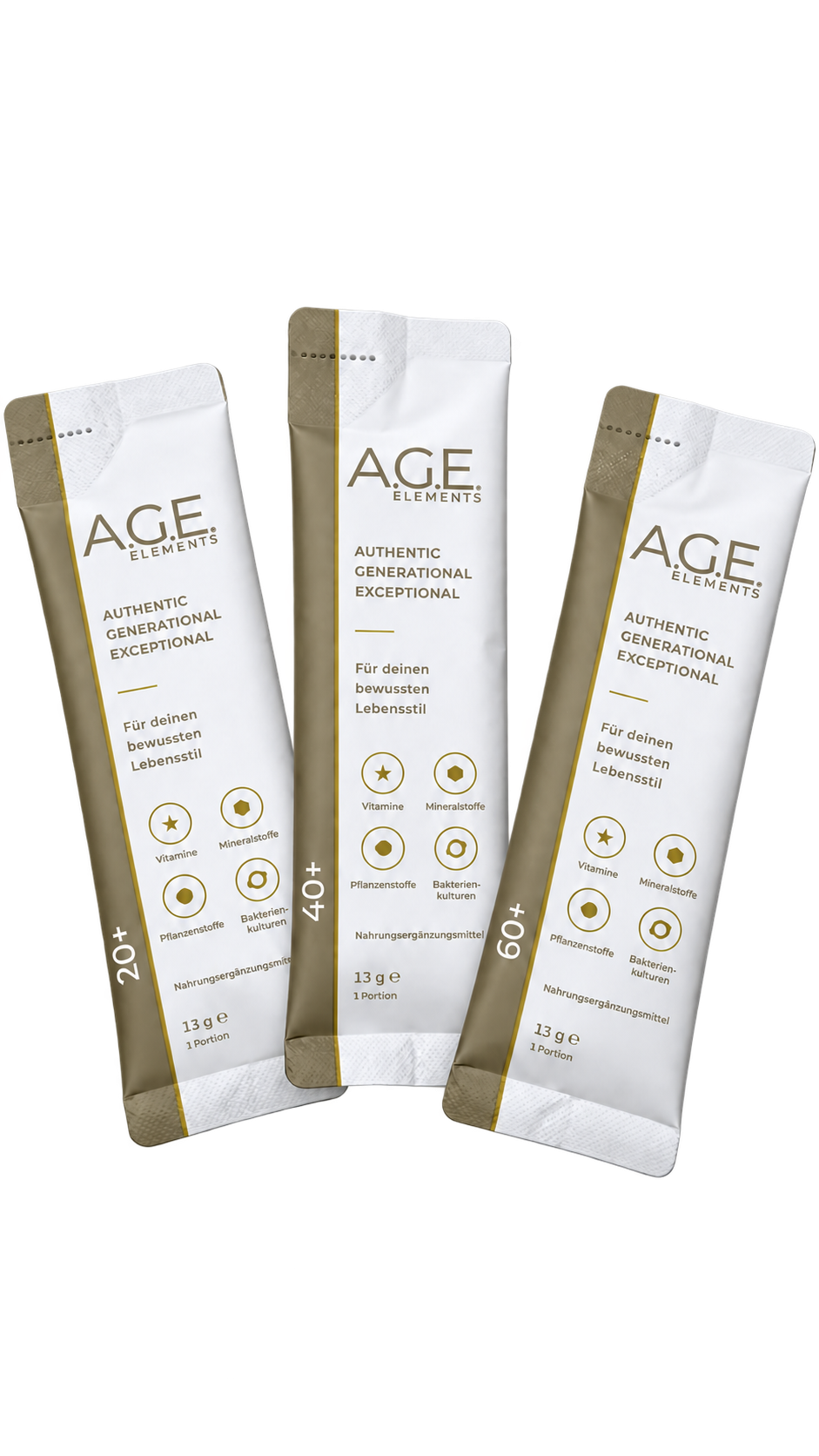 Drei A.G.E. Elements Sachets für 20+, 40+ und 60+