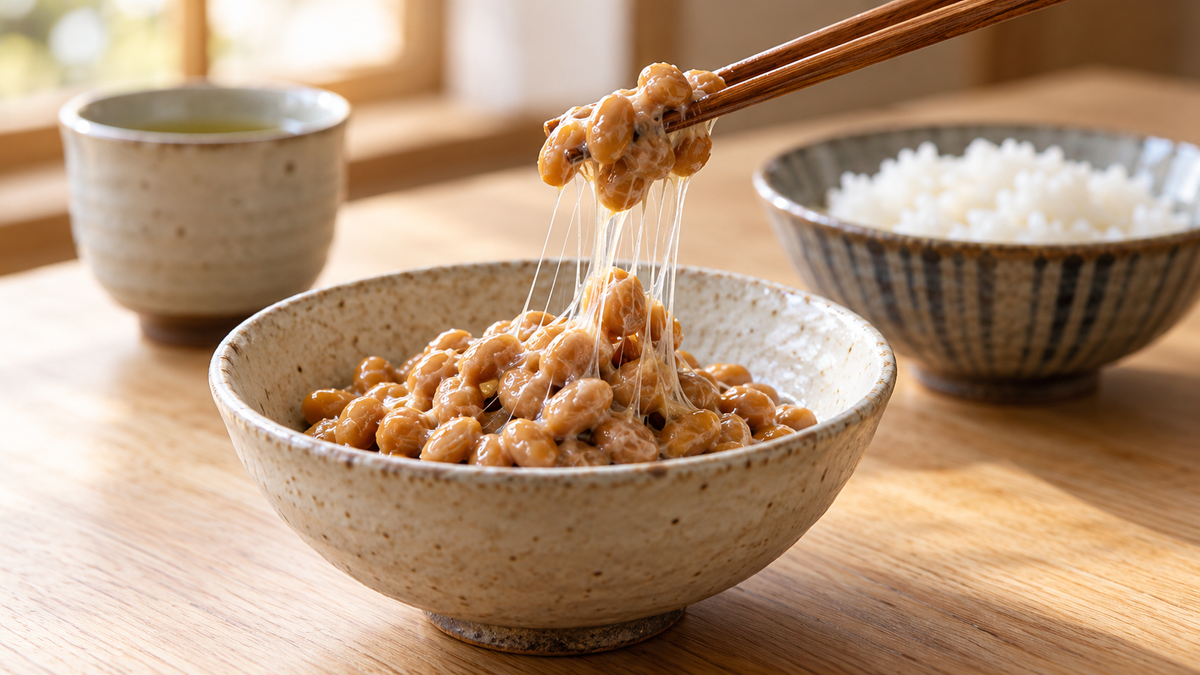Schale mit Natto, fermentierten Sojabohnen, daneben Reis und Tee