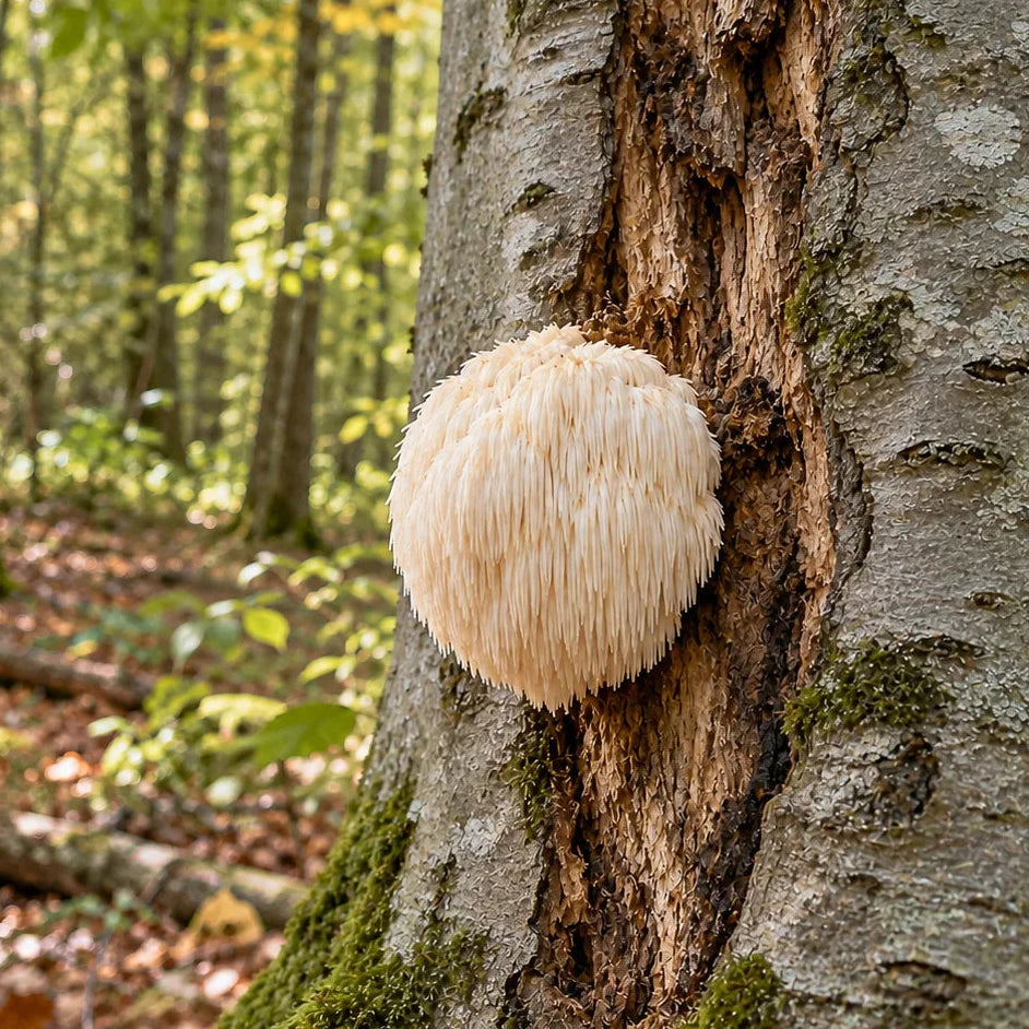 Löwenmähne-Pilz wächst an einem Baumstamm im Herbstwald