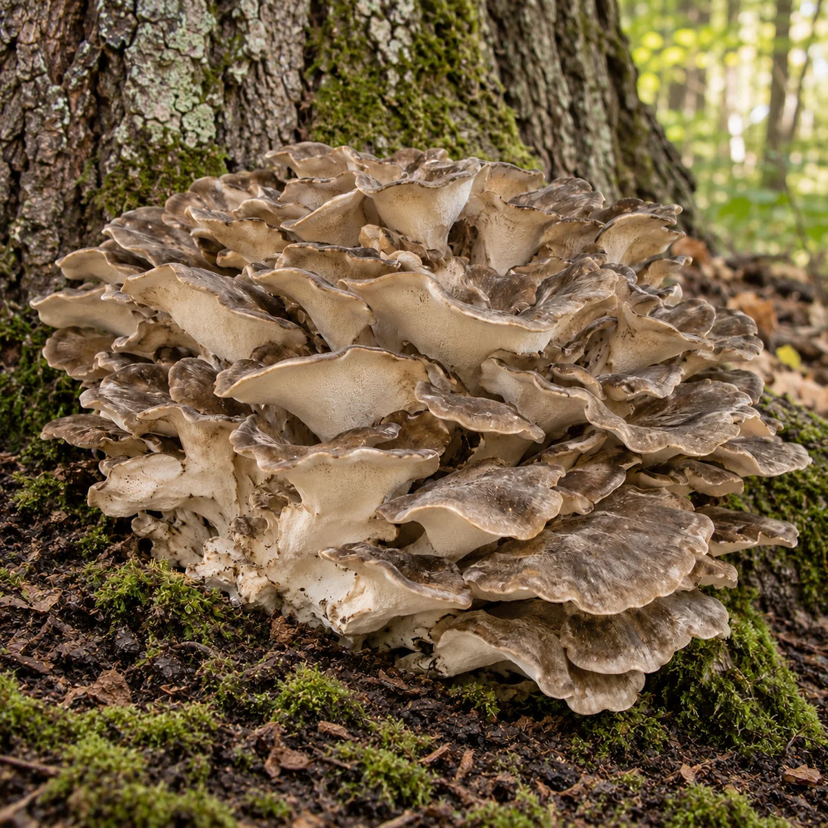 Maitake-Pilz am Fuß eines Baumes auf dem Waldboden
