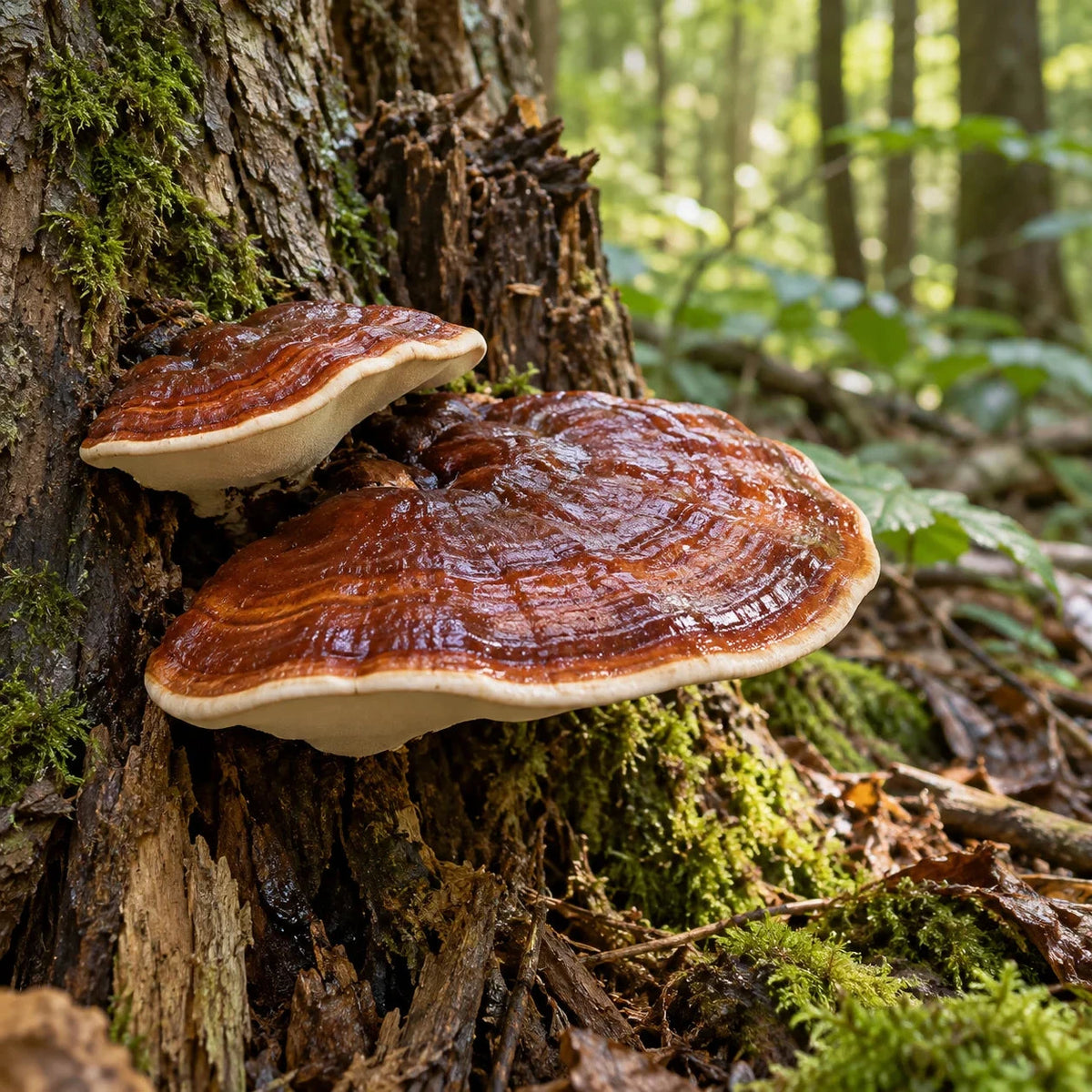 Zwei rotbraune Reishi-Pilze an einem moosigen Baumstamm