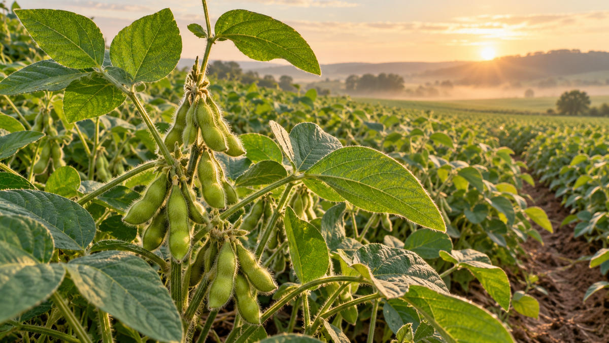 Sojabohnenpflanzen auf einem Feld bei Sonnenaufgang