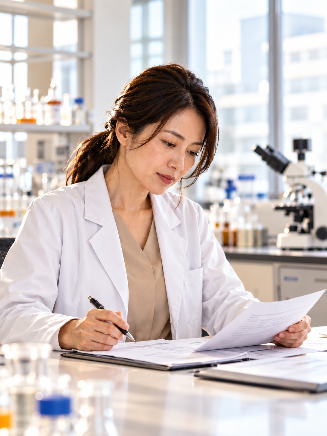Wissenschaftlerin im Labor macht Notizen, im Hintergrund ein Mikroskop