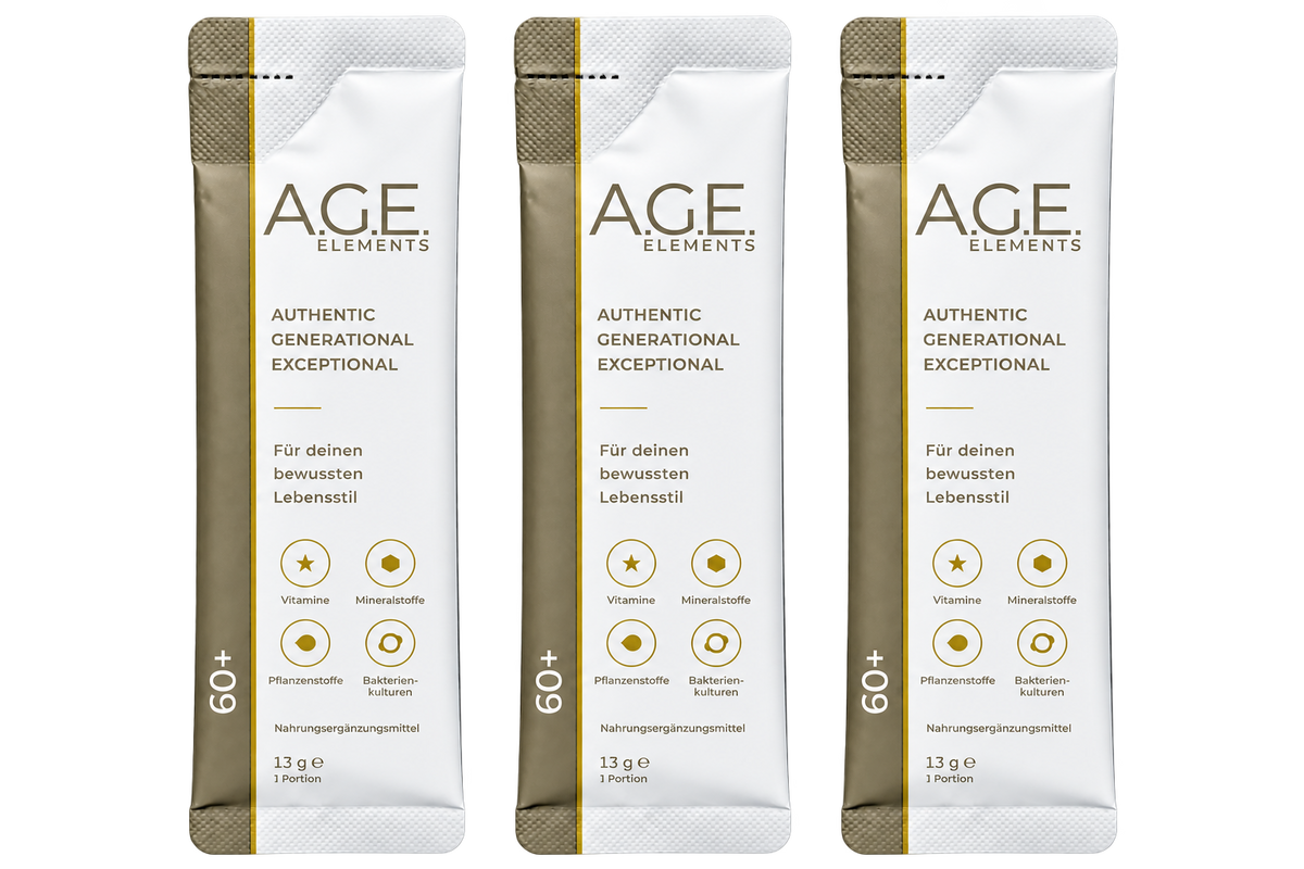 - 60+: Drei A.G.E. Elements 60+ Sachets nebeneinander, jeweils 13 g für eine Portion.